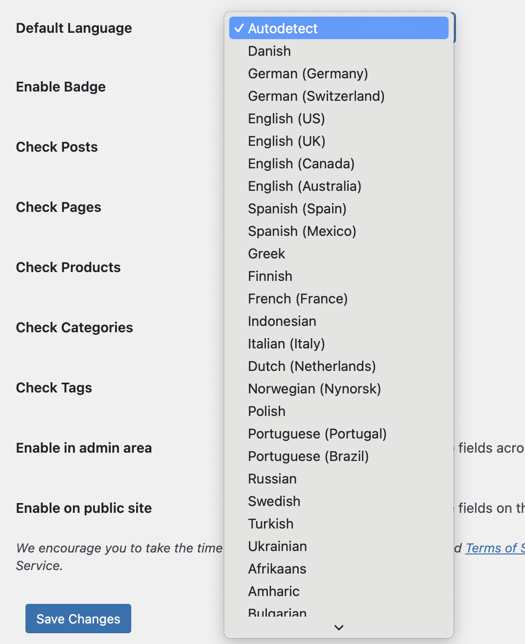 Default Language dropdown expanded showing available languages