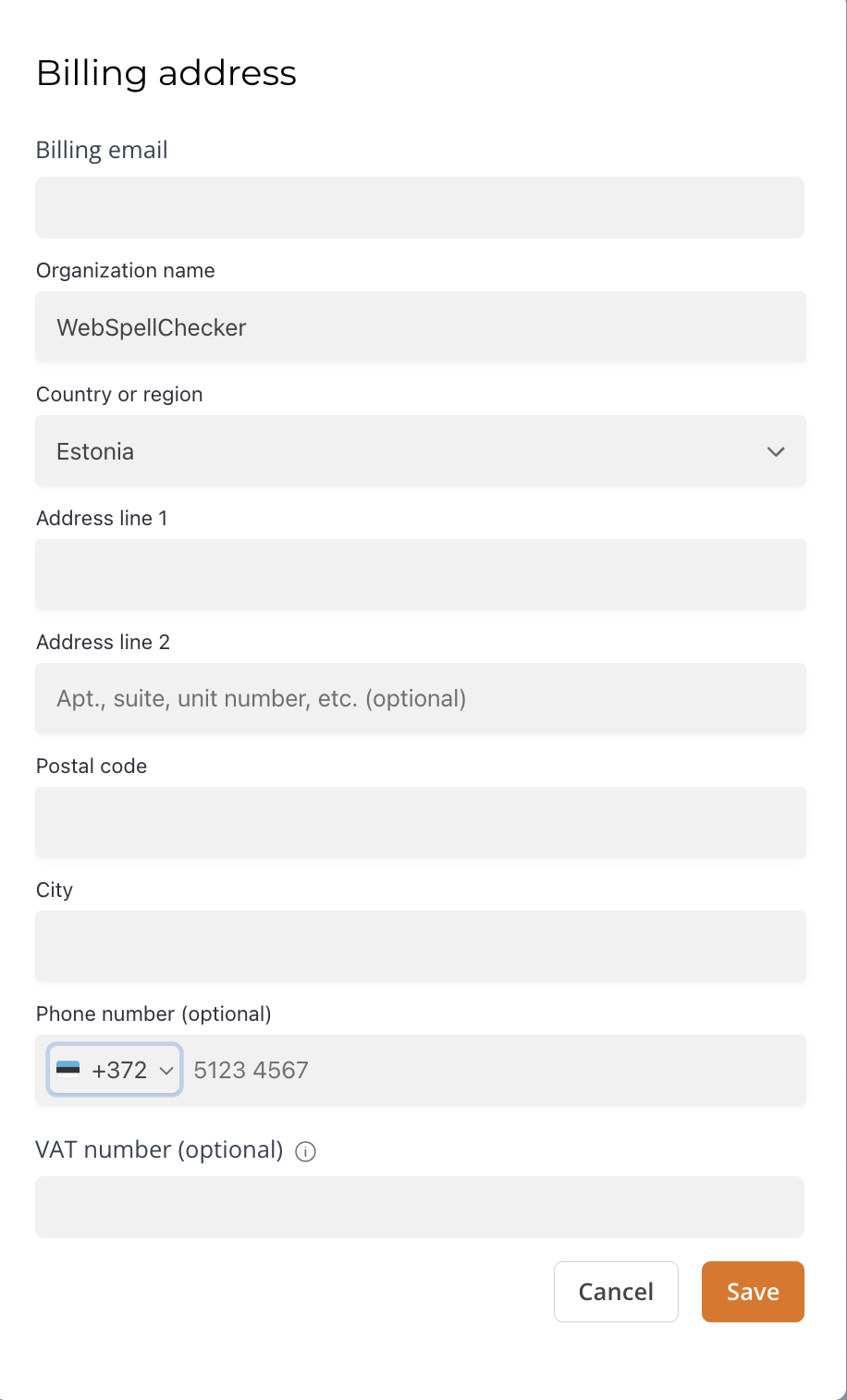 Billing address dialog