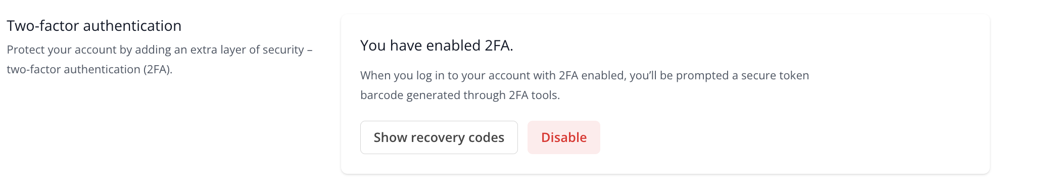 2FA enabled state with Disable button and recovery codes