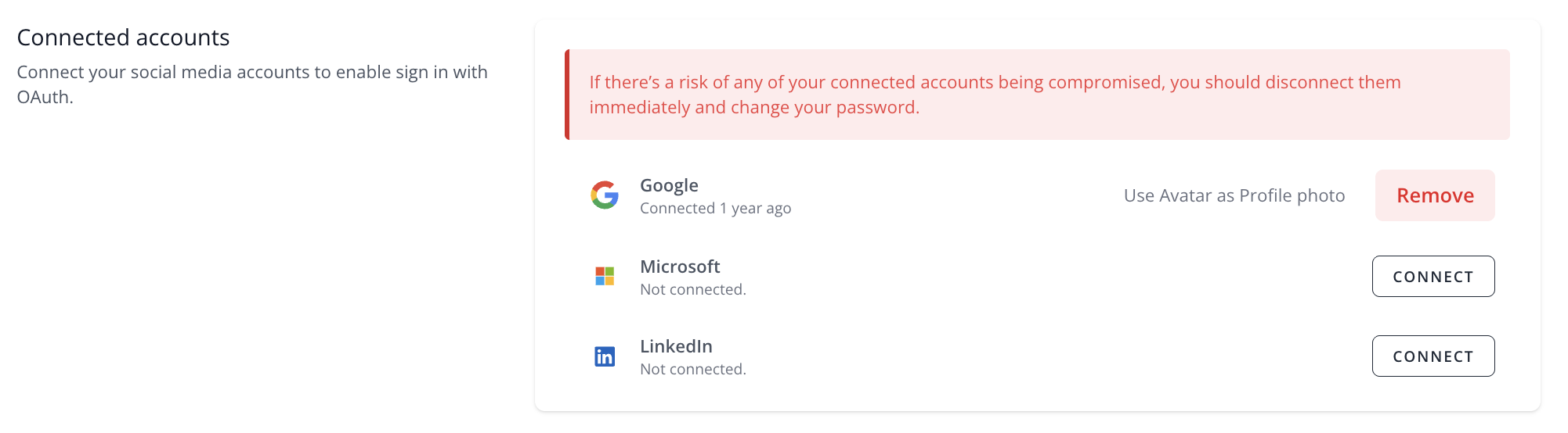 Connected accounts section showing Google, Microsoft, and LinkedIn options