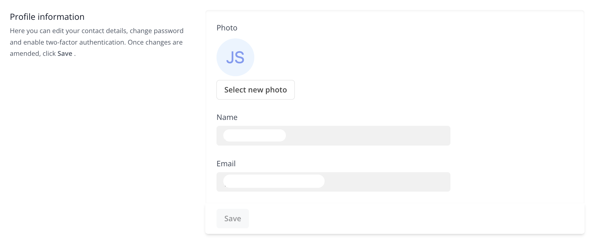 Profile information form with name, email, and photo
